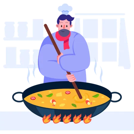 Chef cozinhando comida em uma tigela enorme  Ilustração