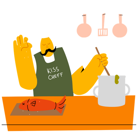 Chef cozinhando peixe  Ilustração