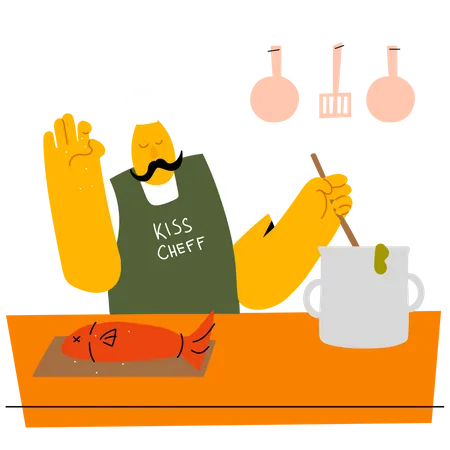 Chef cozinhando peixe  Ilustração