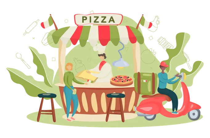 Conceito De Pizzaria Chef Cozinhando Saborosa Pizza Deliciosa Comida Italiana Salame E Queijo Mussarela Rodela De Tomate Ilustracao Vetorial Isolada Em Estilo Cartoon Ilustração