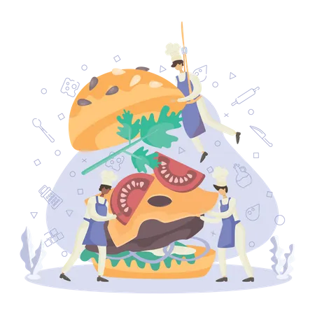 Chef cozinhar saboroso hambúrguer  Ilustração
