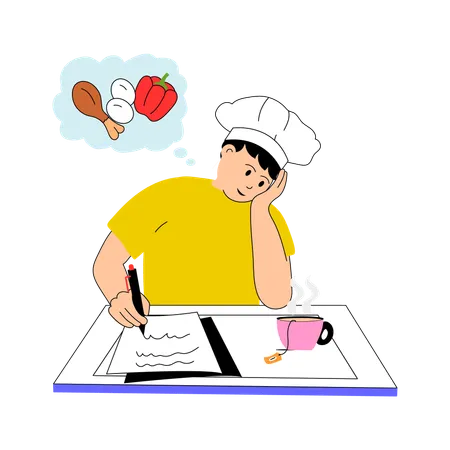 Chef creando una idea de cocina  Ilustración