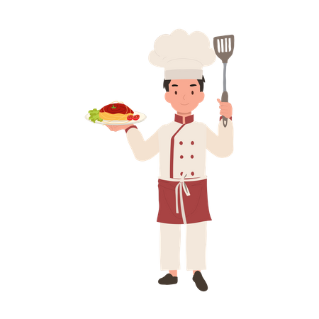 Chef criança feliz servindo macarrão  Ilustração