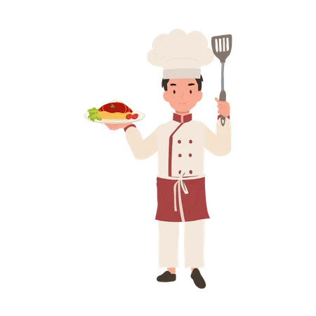 Chef criança feliz servindo macarrão  Ilustração