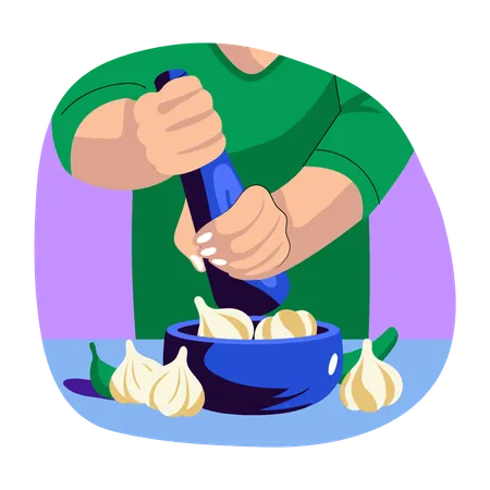 Chef crushing Garlic in mortal  Illustration