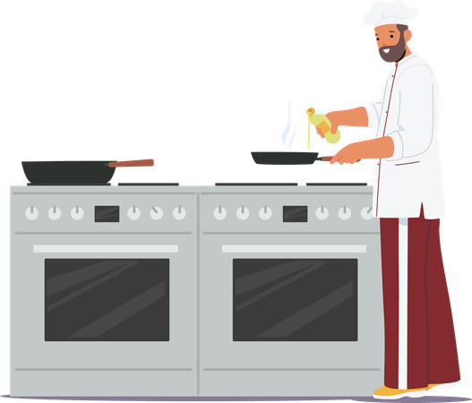 Chef cuisinier en uniforme préparant un plat de restaurant dans une cuisine professionnelle  Illustration