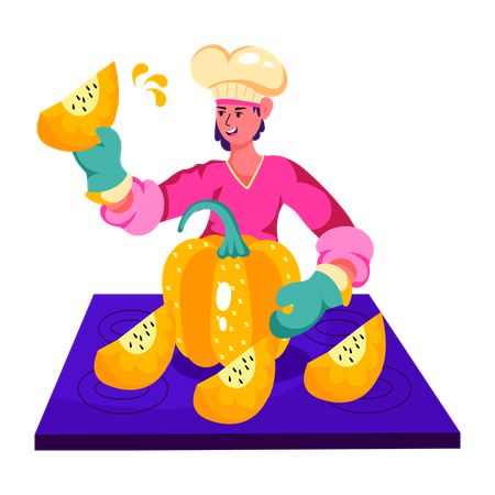 Chef cutting pumpkin for salad  Illustration