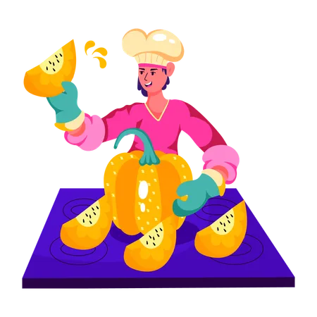 Chef cutting pumpkin for salad  Illustration