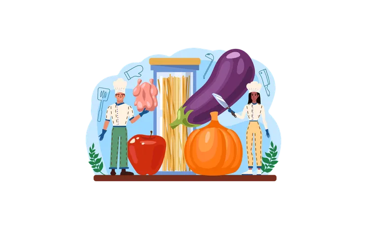 Chef Web Banner Or Landing Page Culinary Specialist Making And Serving A Tasty Dish According Cooking Technology Professional Worker In Apron On The Kitchen Flat Vector Illustration Illustration