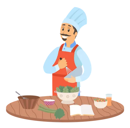 Chef de avental preparando o prato  Ilustração