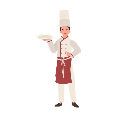 Chef de chapéu e prato de uniforme  Ilustração