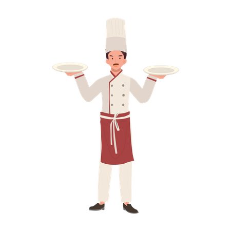 Chef de chapéu e prato de uniforme  Ilustração