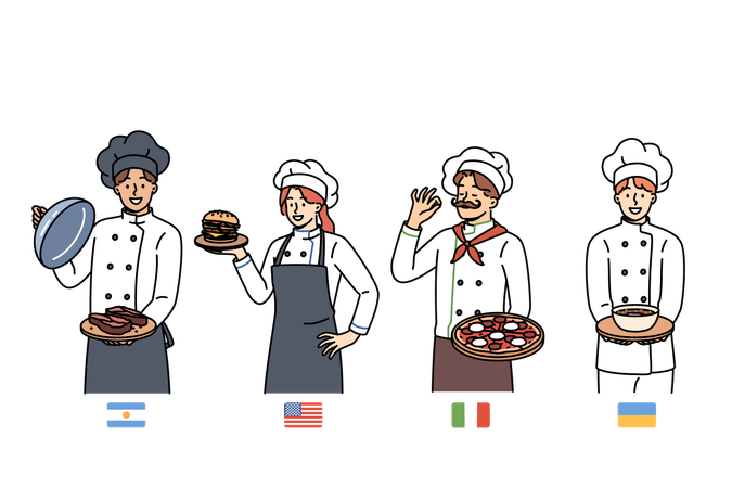 Chef de pie con platos nacionales  Ilustración