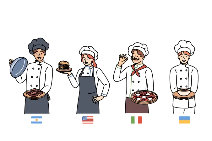 Chef de pie con platos nacionales  Ilustración