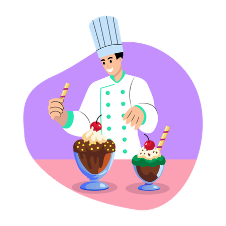 Chef de postres preparando postre  Ilustración