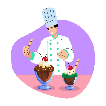 Chef de postres preparando postre  Ilustración