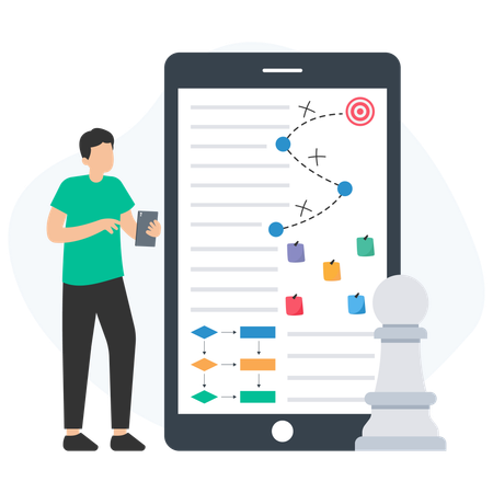 Chef de projet planifiant une stratégie commerciale sur un smartphone géant à l'aide d'un organigramme et d'un pion  Illustration