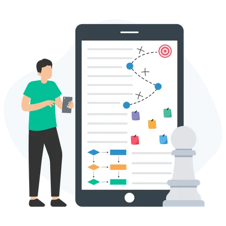Chef de projet planifiant une stratégie commerciale sur un smartphone géant à l'aide d'un organigramme et d'un pion  Illustration