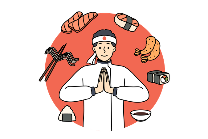 Chef de restaurante japonês convida para comer sushi com arroz e salmão fresco  Ilustração