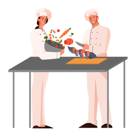 Chef de restaurante masculino y femenino cocinando comida en la cocina  Ilustración