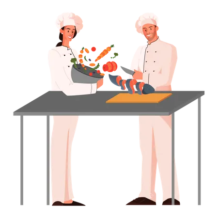 Chef de restaurante masculino y femenino cocinando comida en la cocina  Ilustración