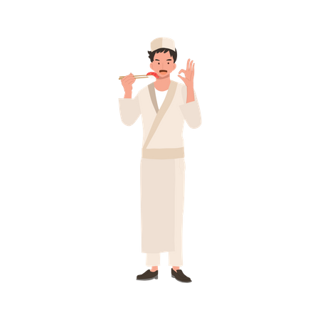 El chef de sushi masculino sostiene sushi con palillos y hace el signo de OK con la mano como buena calidad y buen gusto  Ilustración