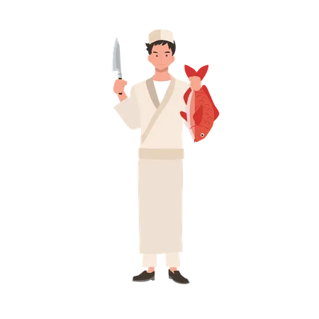 Chef de sushi masculino sosteniendo cuchillo y pescado pargo fresco rojo  Ilustración