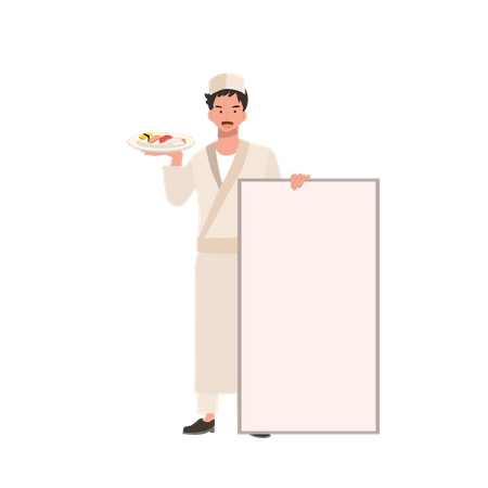 Chef de sushi masculino sosteniendo un plato de variedades de sushi y cartel  Ilustración