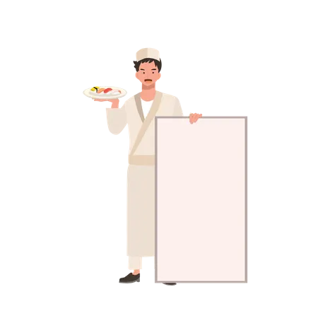 Chef De Sushi Masculino Sosteniendo Un Plato De Variedades De Sushi Y Un Cartel Tu Texto Aqui Ilustracion De Vector Plano Ilustración