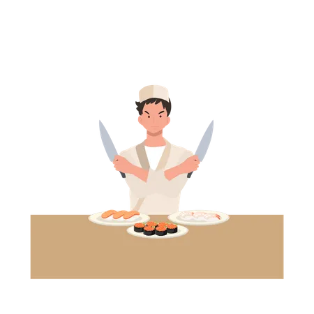 El chef de sushi que trabaja en un restaurante está cocinando  Ilustración