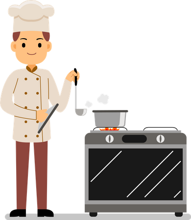Chef de uniforme cozinhando em uma cozinha comercial  Ilustração
