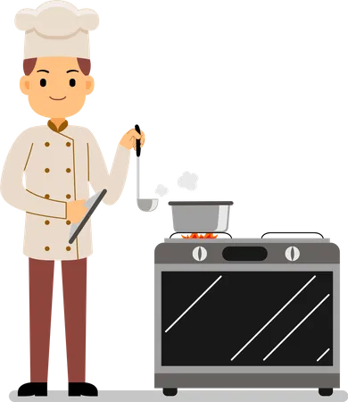Chef de uniforme cozinhando em uma cozinha comercial  Ilustração