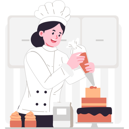 Chef decorando pastel  Ilustración