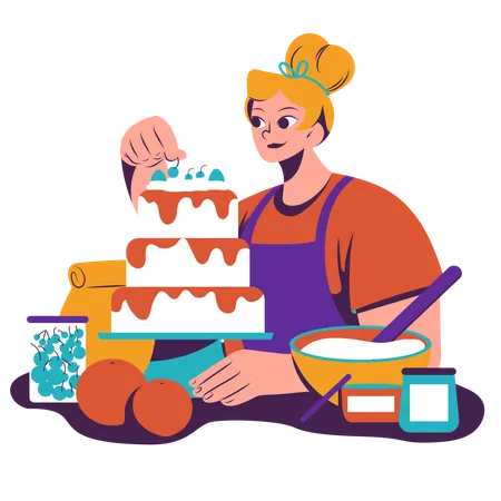Chef femenina decorando pastel  Ilustración