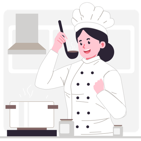 Chef femenina degustando comida en la cocina  Ilustración