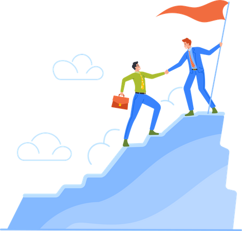 Un chef d'entreprise aide un collègue à grimper au sommet d'une montagne  Illustration