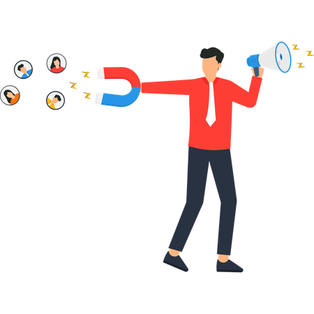 Un chef d'entreprise attire des clients grâce au marketing par aimant et par mégaphone  Illustration