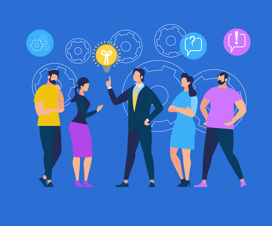 Chef d'entreprise partageant des idées commerciales avec ses employés  Illustration