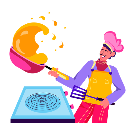 Chef doing flipping pan trick  Illustration