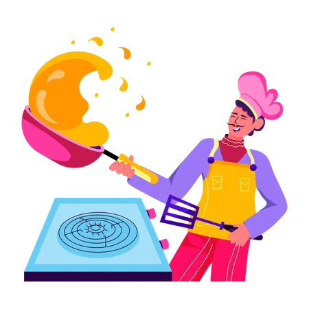 Chef doing flipping pan trick  Illustration