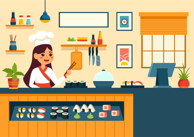 Chef femenina en el bar de sushi  Ilustración