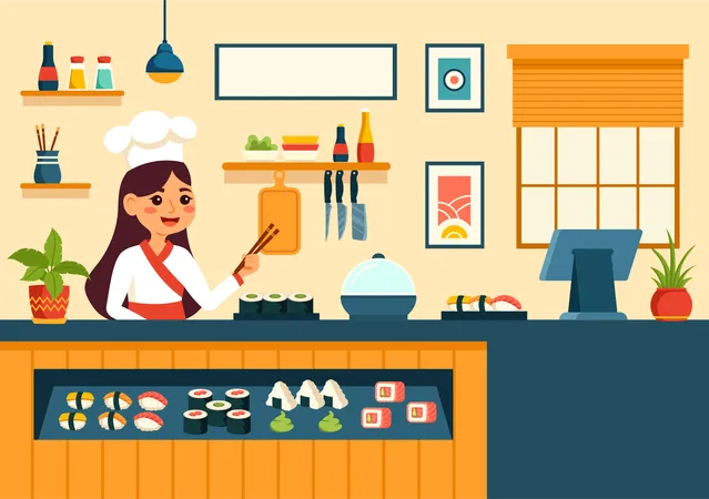 Chef femenina en el bar de sushi  Ilustración