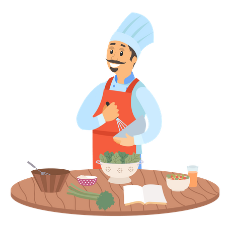 Chef en delantal preparando plato  Ilustración