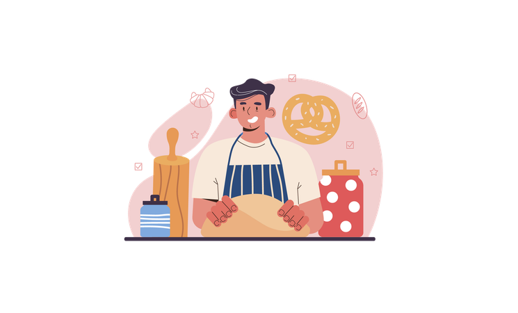 Chef en uniforme horneando pan  Ilustración