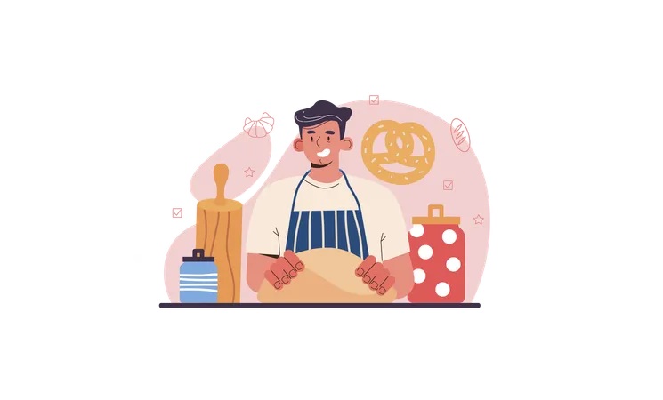 Banner Web O Pagina De Inicio De Baker Chef Con Uniforme Horneando Pan Proceso De Reposteria Horneada Trabajador De Panaderia Cocinando Productos De Reposteria Ilustracion Vectorial Aislada Ilustración