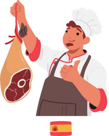 Chef español muestra su arte culinario con una pierna de cerdo cruda  Ilustración