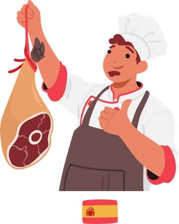 Chef español muestra su arte culinario con una pierna de cerdo cruda  Ilustración