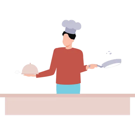 El chef está cocinando en la cocina.  Ilustración