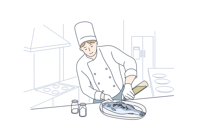 El chef está preparando mariscos.  Ilustración