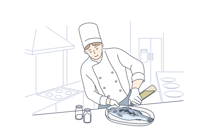 El chef está preparando mariscos.  Ilustración